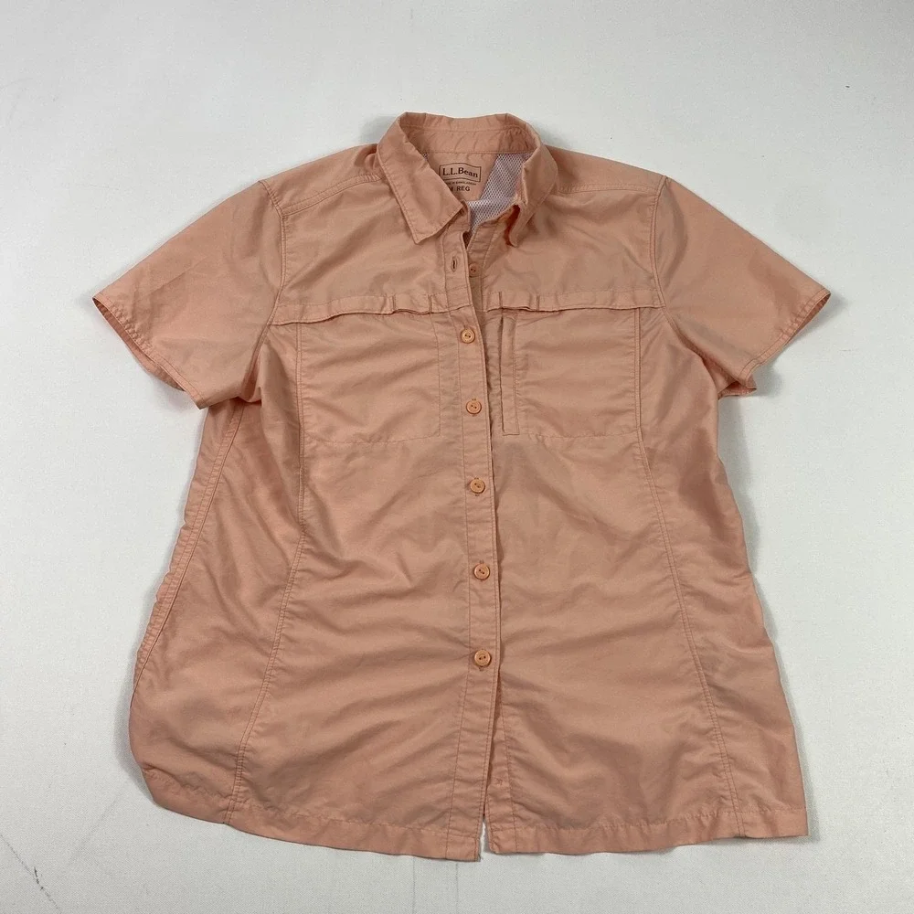 LL‎ Bean Shirt Womens Medium Peach Short Sleeve Button Front Nylon Blend Outdoor